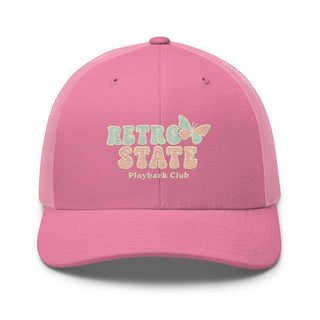 Retro State Trucker Hat – Y2K Butterfly Playback Club Cap | Pink Retro Aesthetic Mesh Hat