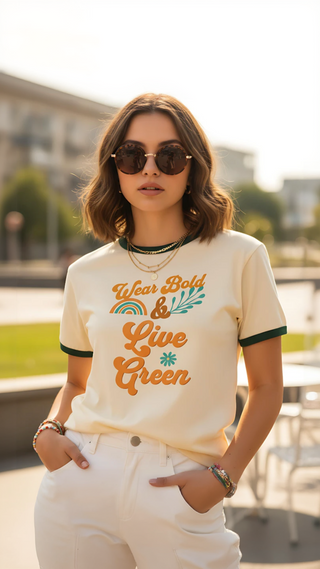 Wear Bold Live Green  Ringer Tee – Retro, 100% Cotton